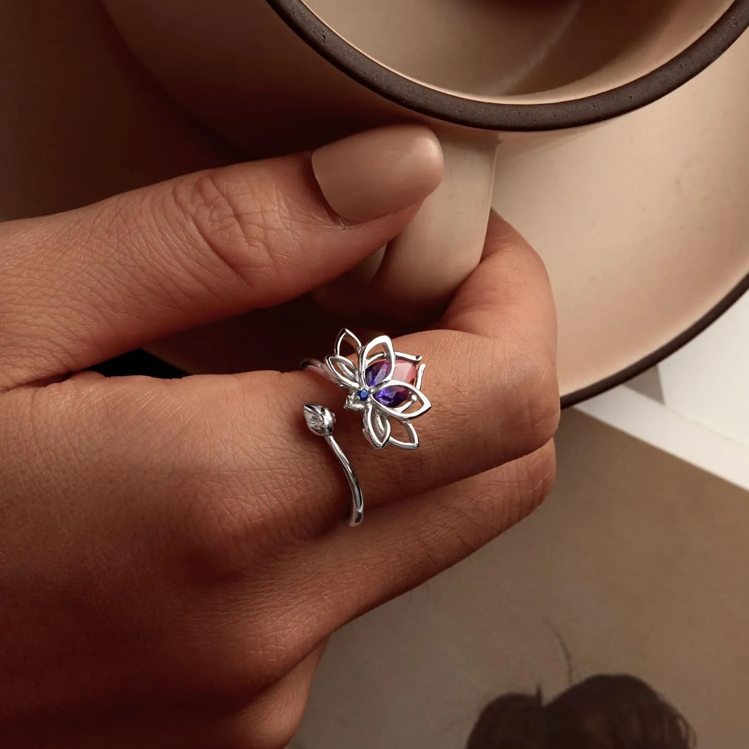 WOSTU Adjustable Flowers Sterling Silver Open Rings Purple Enamel Stackable Rings Cubic Zirconia Ring Promise Ring For Women Jewelry