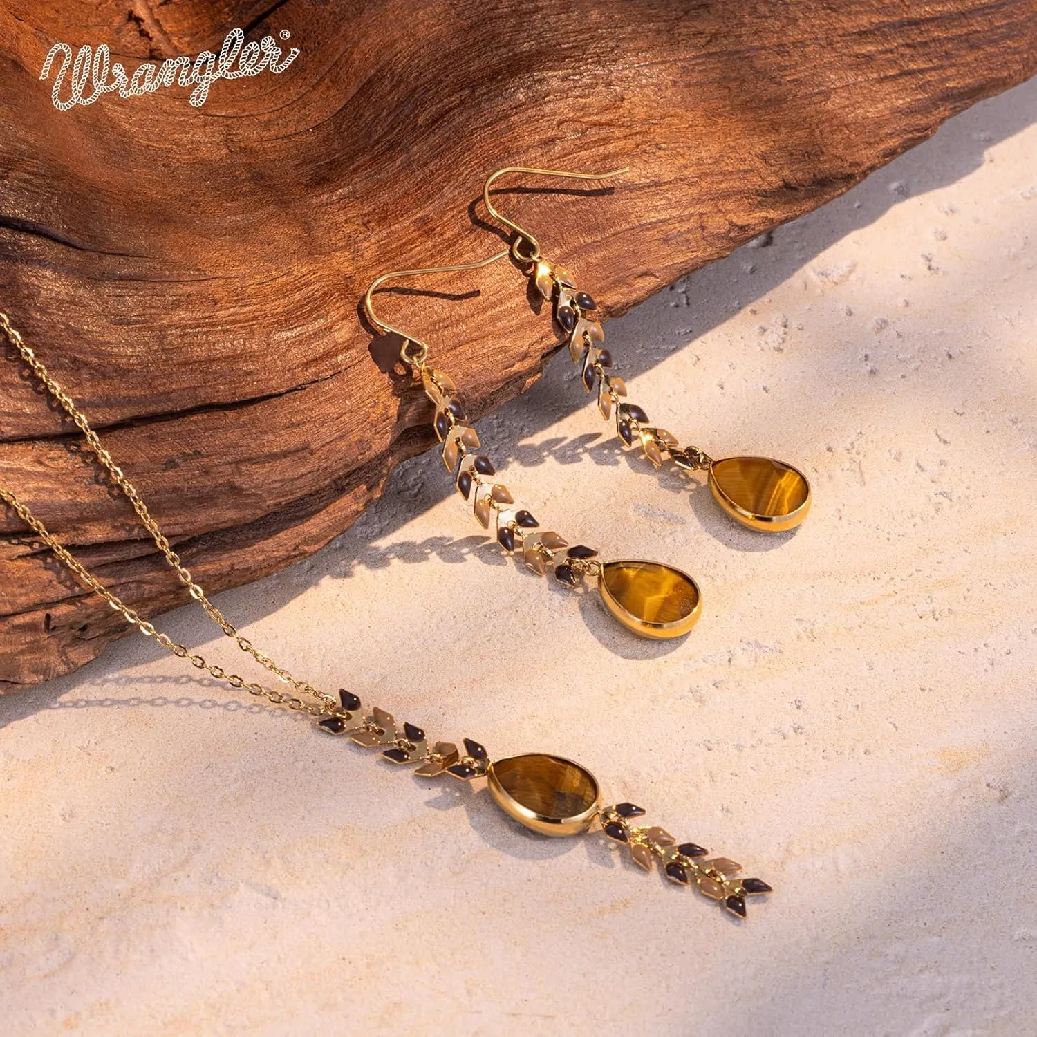 Wrangler Gold Statement Y Necklace for Women Boho 14K Plated Natural Stone Western Country Jewelry