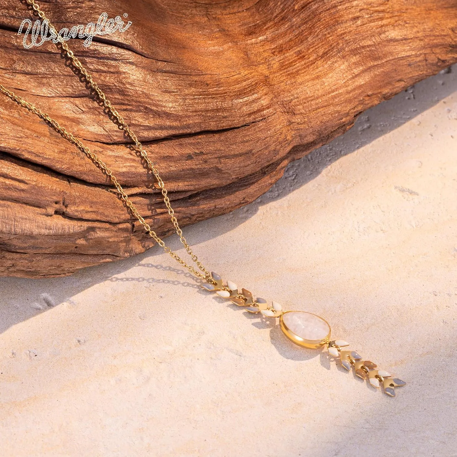 Wrangler Gold Statement Y Necklace for Women Boho 14K Plated Natural Stone Western Country Jewelry