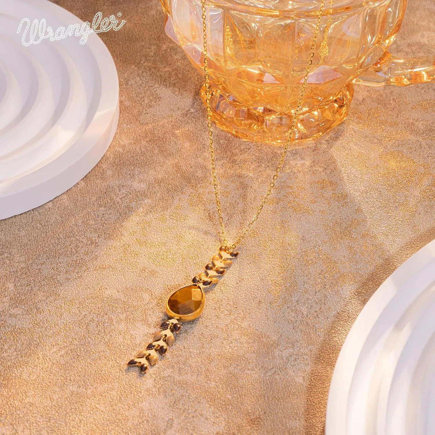 Wrangler Gold Statement Y Necklace for Women Boho 14K Plated Natural Stone Western Country Jewelry