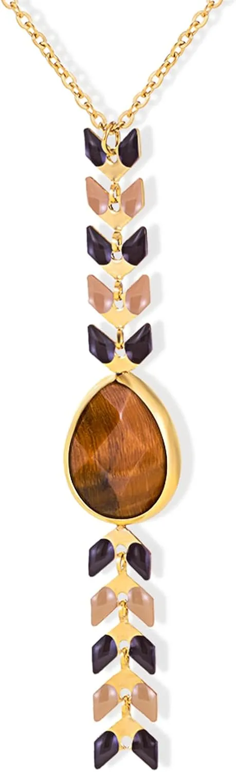 Wrangler Gold Statement Y Necklace for Women Boho 14K Plated Natural Stone Western Country Jewelry
