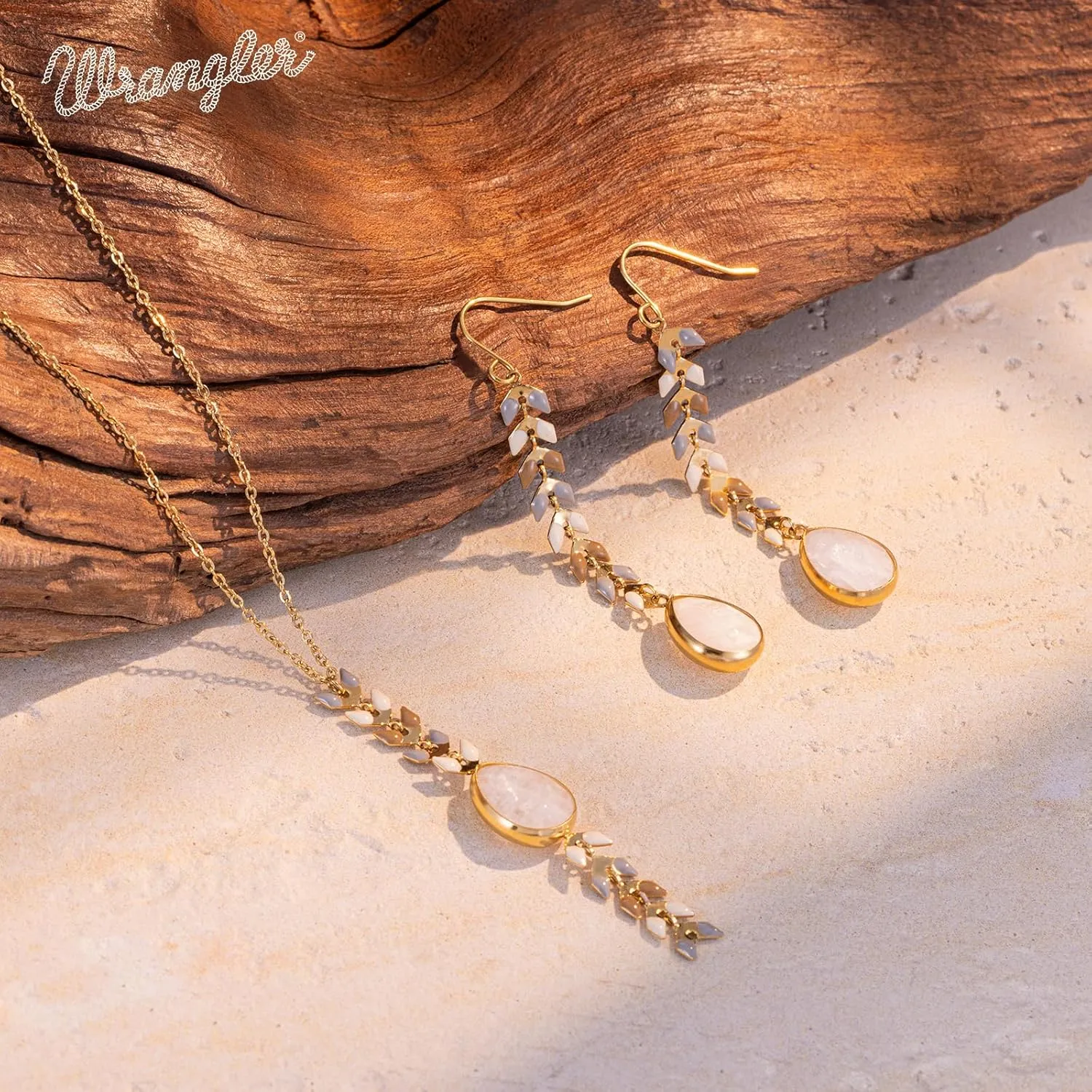 Wrangler Gold Statement Y Necklace for Women Boho 14K Plated Natural Stone Western Country Jewelry