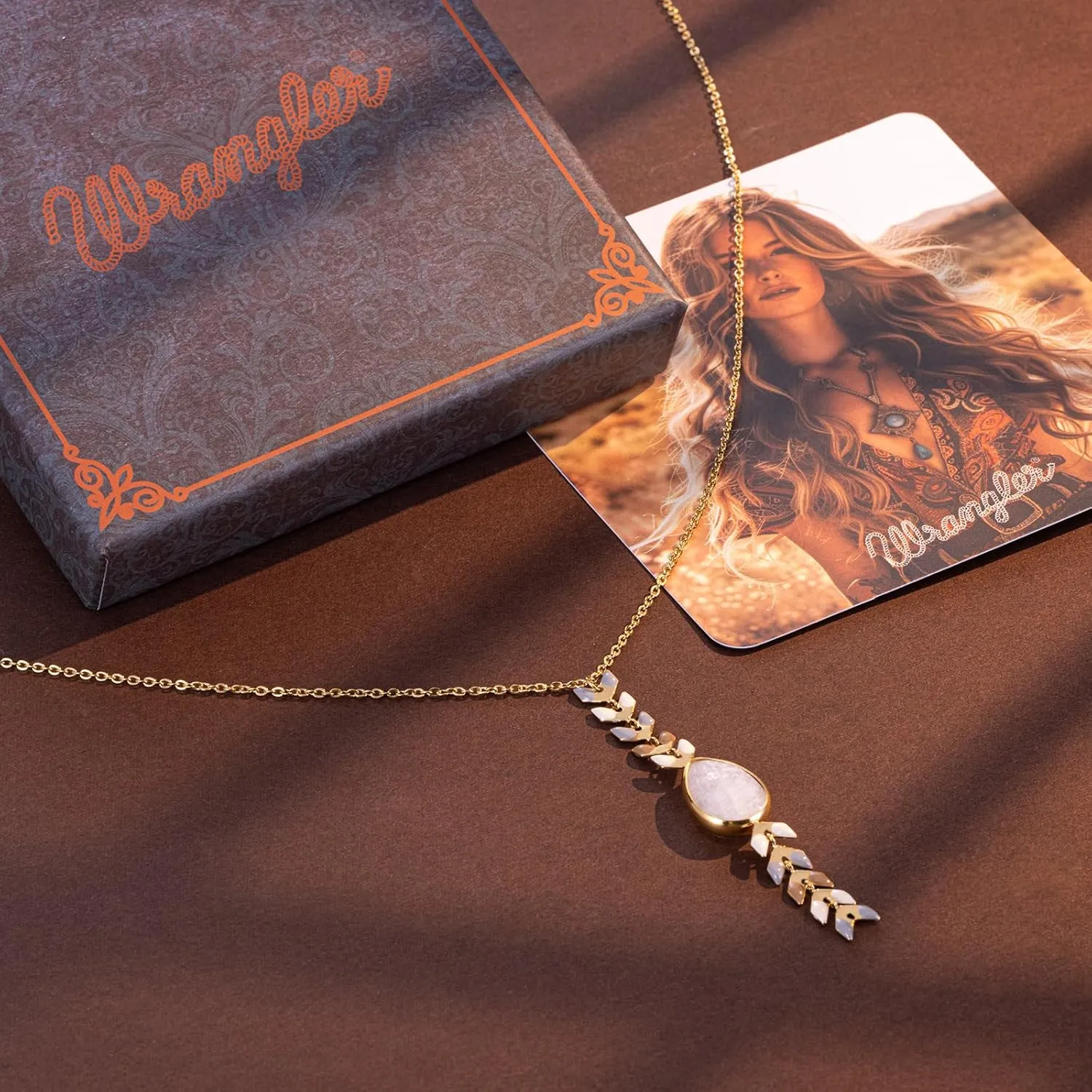 Wrangler Gold Statement Y Necklace for Women Boho 14K Plated Natural Stone Western Country Jewelry
