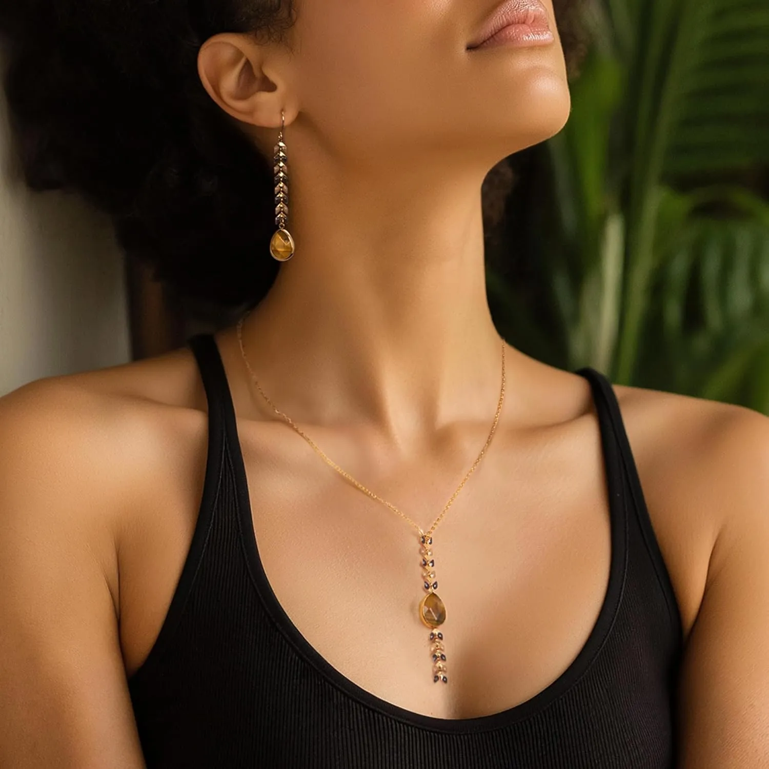 Wrangler Gold Statement Y Necklace for Women Boho 14K Plated Natural Stone Western Country Jewelry