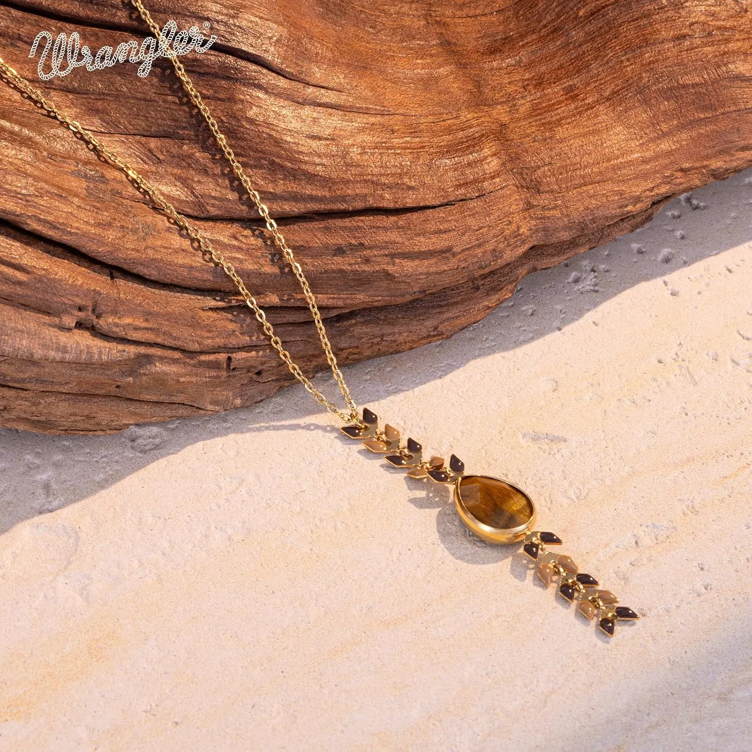 Wrangler Gold Statement Y Necklace for Women Boho 14K Plated Natural Stone Western Country Jewelry