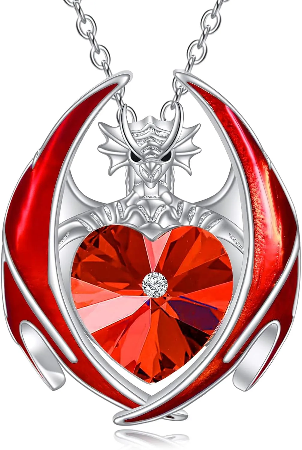 YAFEINI Dragon Necklace 925 Sterling Silver Birthstone Pendant with Heart Shaped Crystal Jewelry Gift for Women
