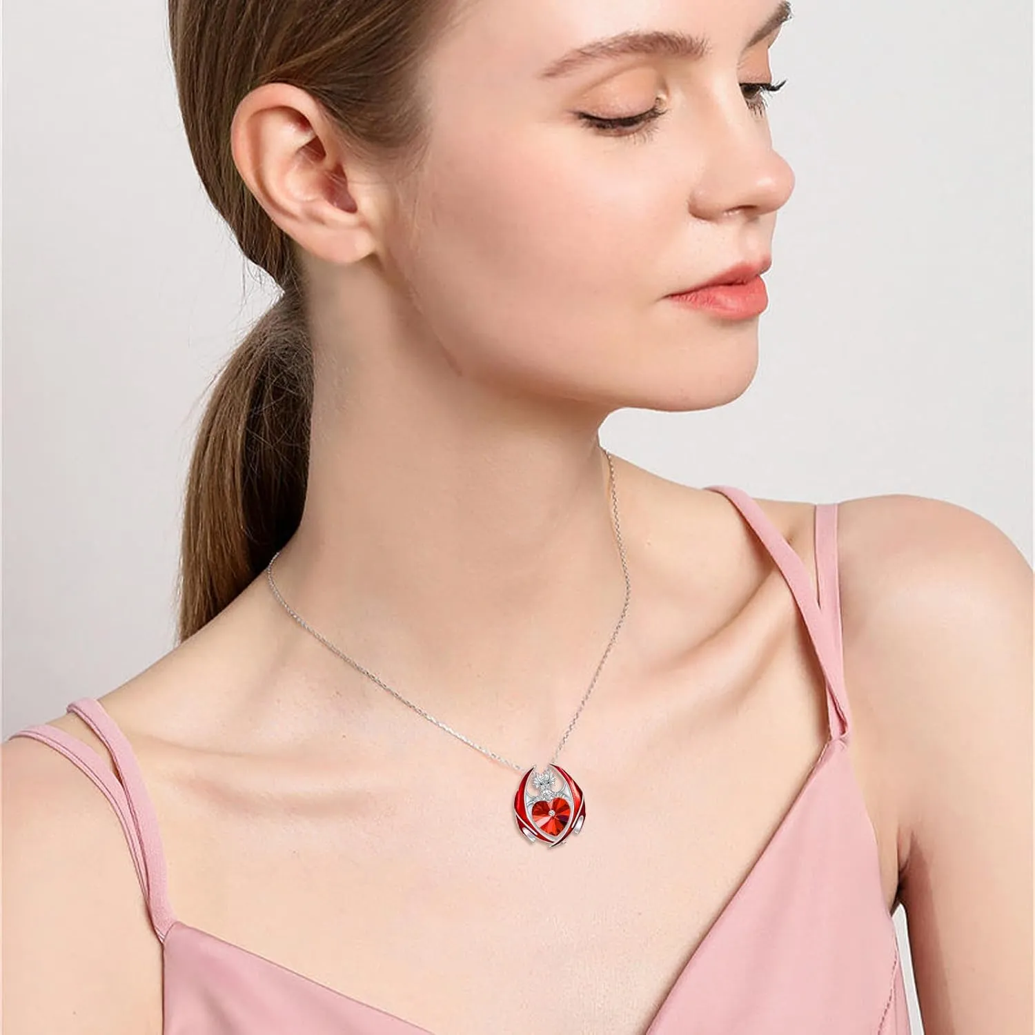 YAFEINI Dragon Necklace 925 Sterling Silver Birthstone Pendant with Heart Shaped Crystal Jewelry Gift for Women