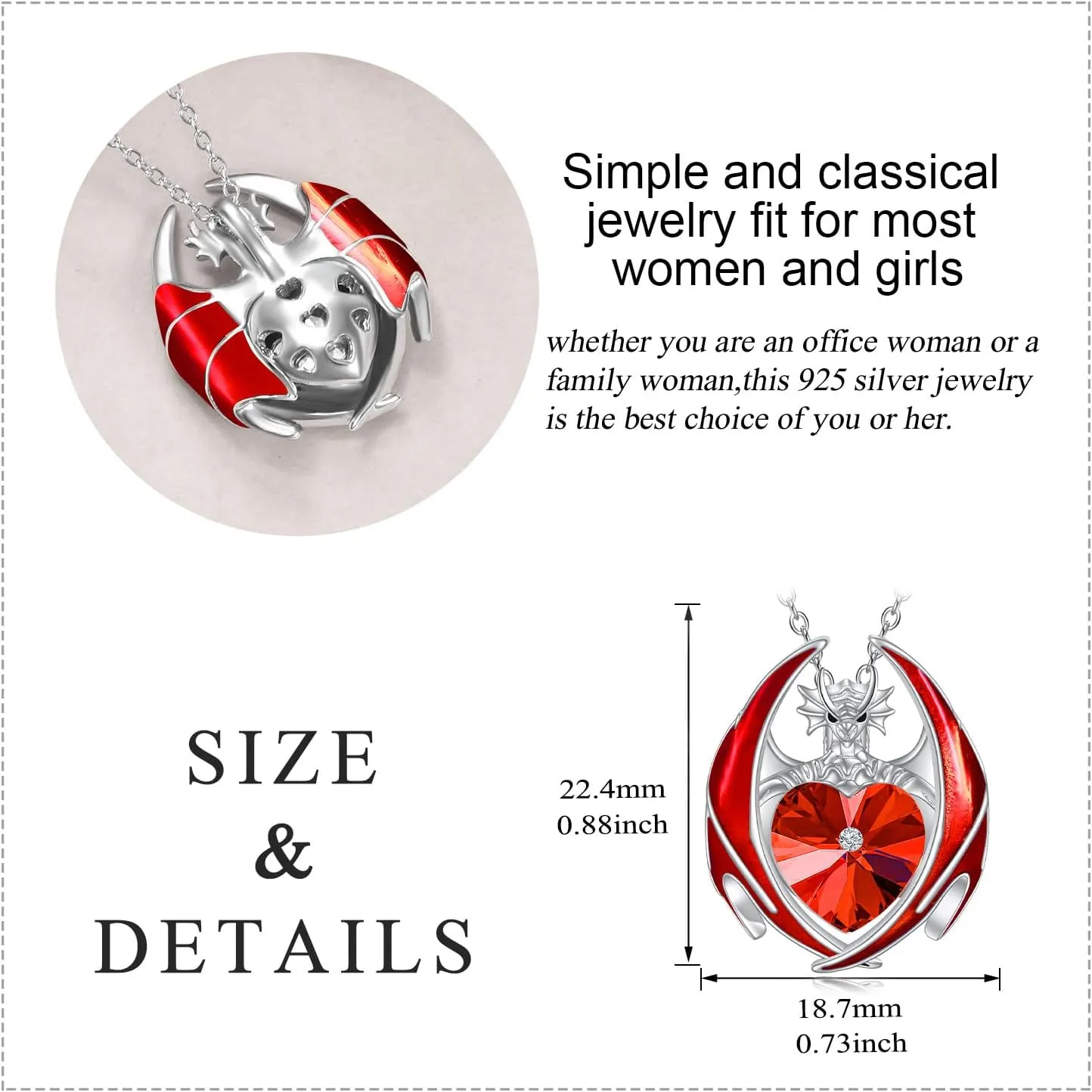 YAFEINI Dragon Necklace 925 Sterling Silver Birthstone Pendant with Heart Shaped Crystal Jewelry Gift for Women