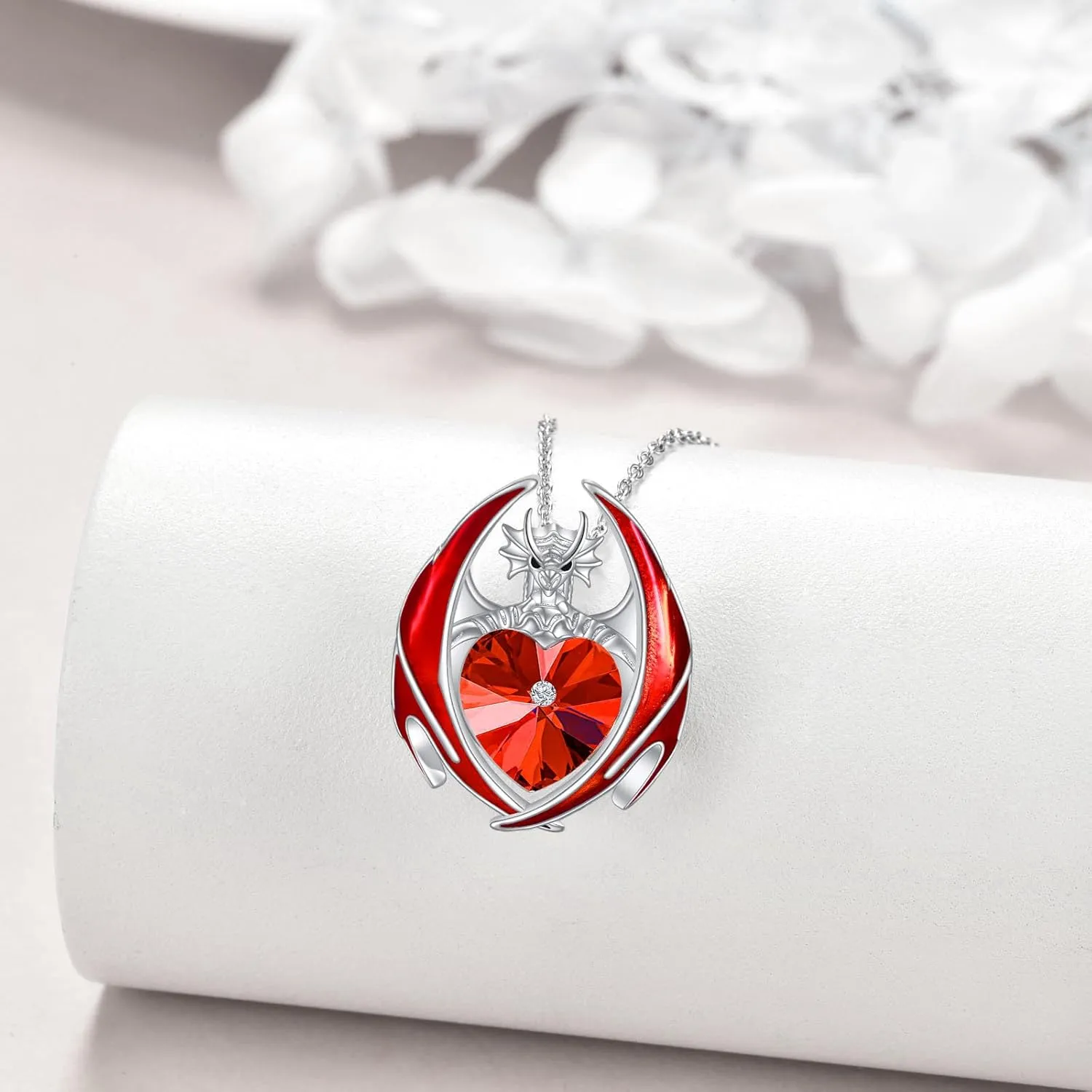 YAFEINI Dragon Necklace 925 Sterling Silver Birthstone Pendant with Heart Shaped Crystal Jewelry Gift for Women