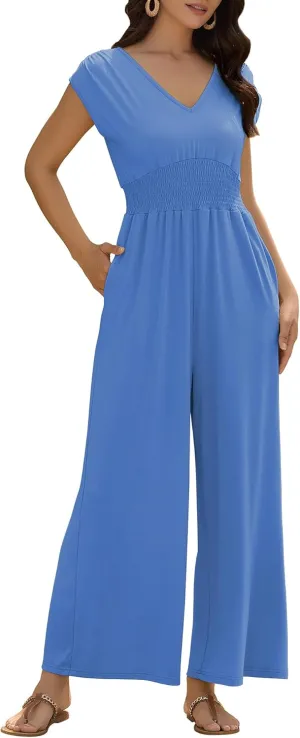 ZAFUL Womens Summer Jumpsuits 2025 Smocked Waist Dressy Casual One Piece Outfits with Pockets