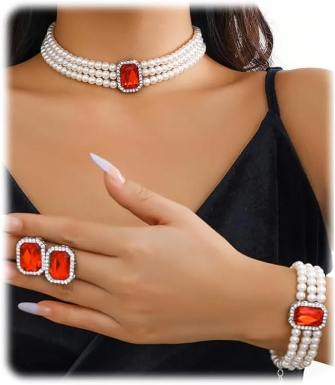 ZMANYIJEW Pearl Earrings Necklace Bracelet Set for Women Wedding Rhinestone Crystal Pearl Jewelry Set Bride Bridesmaid Dainty Jewelry for Women (Square crystal -red)